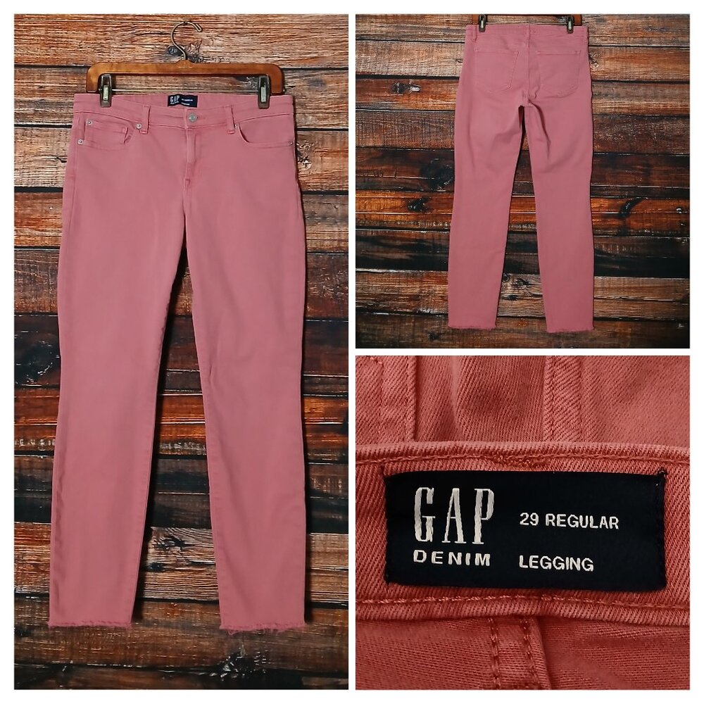 GAP Jeans 29 8 Crop Legging Mid Rise Raw Hem Wild Rose Pink Denim Stretch